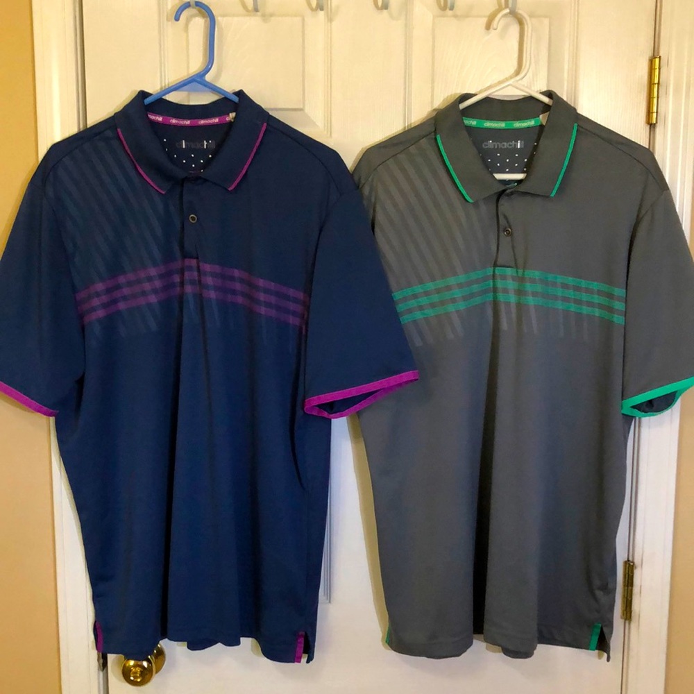 Two Adidas ClimaChill golf polos. Grey and Blue XL